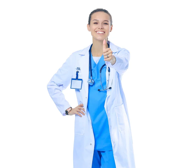 Een vrouwelijke arts tonen ok, geïsoleerd op witte achtergrond — Stockfoto