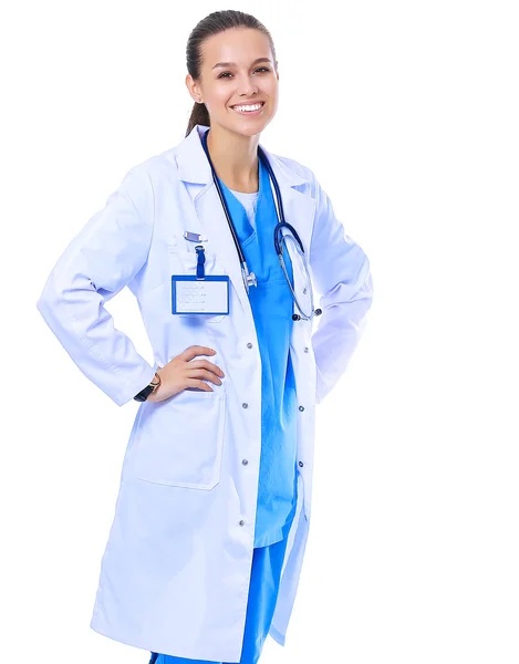 Mooie Kaukasische verpleegster op witte achtergrond. — Stockfoto