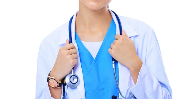 Bella infermiera caucasica su sfondo bianco . — Foto Stock