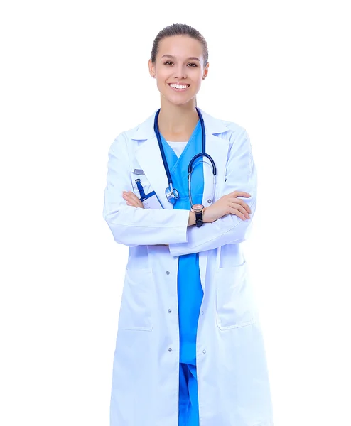 Woman doctor with stethoscope standing with arms crossed isolated on a white background — Stock Photo, Image