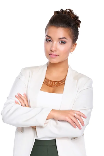 Jeune femme debout, isolée sur fond blanc — Photo