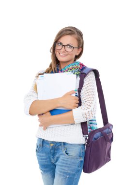 Egzersiz kitap tutan bir genç öğrenci kadın portresi.