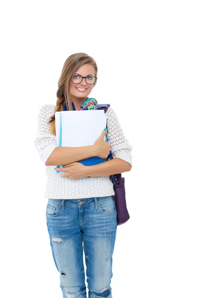 A fiatal diák nő, kezében a iskolai füzet-portré. — Stock Fotó