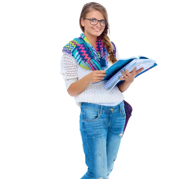 Beautiful young woman with books, isolated on white background — Stock Photo, Image