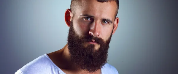 Retrato de homem bonito em pé, isolado sobre fundo cinza — Fotografia de Stock