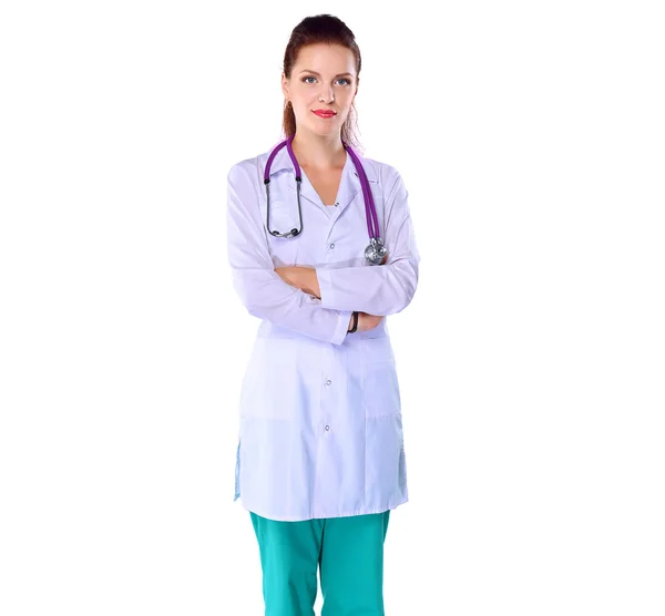 Smiling female doctor with a folder in uniform standing at hospital — Stock Photo, Image