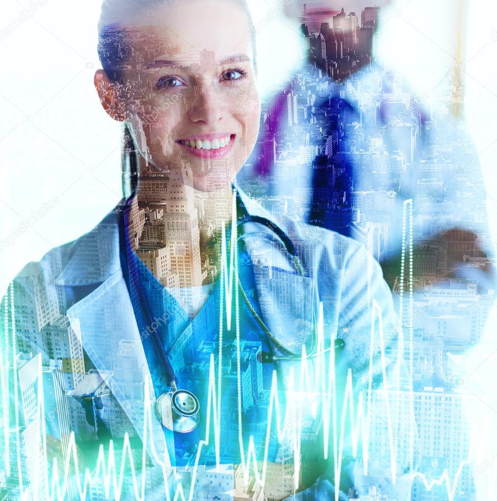 Medical team at the hospital looking. Double Exposure