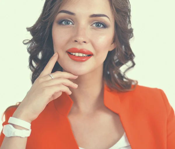 Retrato de la hermosa mujer sonriente feliz con una chaqueta roja — Foto de Stock