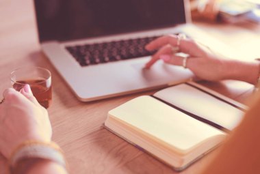 Kredi kartı tutan ve dizüstü bilgisayar kullanan genç bir kadın. Çevrimiçi alışveriş kavramı