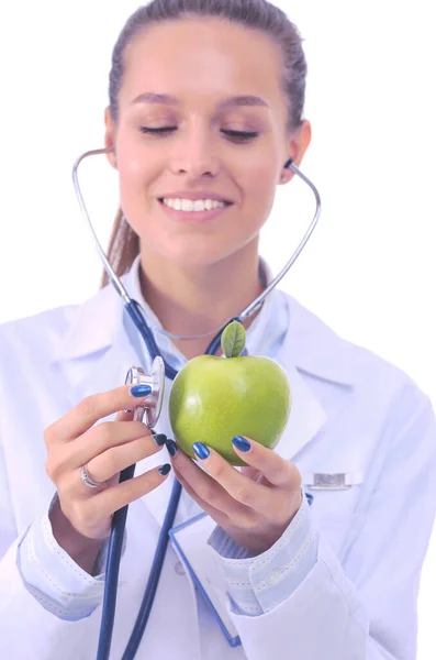 Médico médico mujer examinando manzana con estetoscopio. Mujeres doctores —  Fotos de Stock