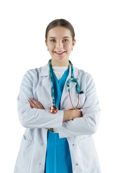 Glimlachende arts vrouw met stethoscoop. Geïsoleerd over witte achtergrond — Stockfoto