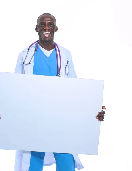 Een mannelijke dokter met een leeg bordje. Dokter. Billboard — Stockfoto