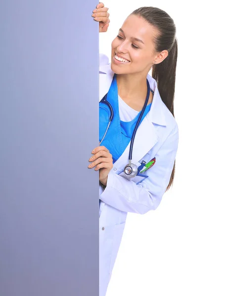 A female doctor with a blank billboard. Woman doctor — Stock Photo, Image