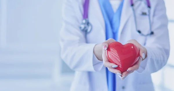 Doctor with stethoscope holding heart, isolated on white background — Stock Photo, Image