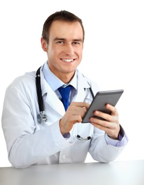 yakışıklı doktor bilgisayar uçak-tablo kullanma