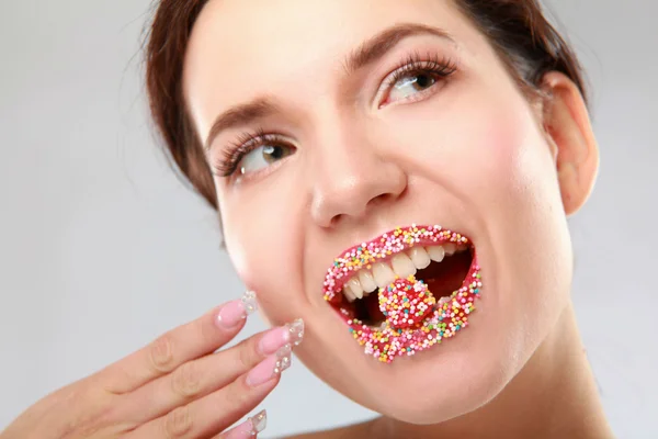 Woman lips cute sweet candy — Stock Photo, Image