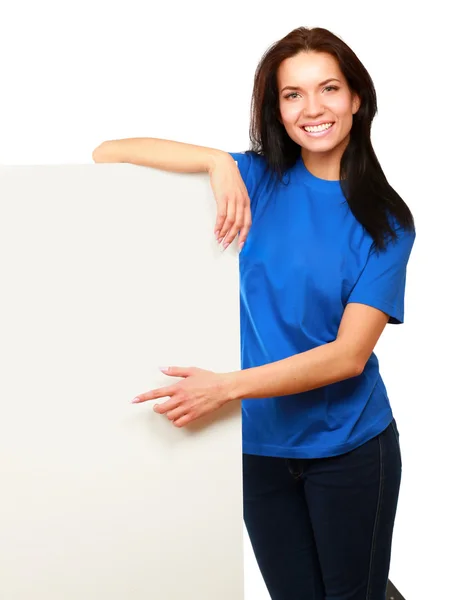 Young woman with blank board banner, isolated on white — Stock Photo, Image