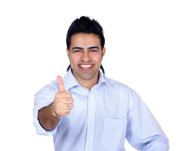 Улыбающийся мужчина показывает большой палец вверх знак, изолированный на белом фоне — стоковое фото