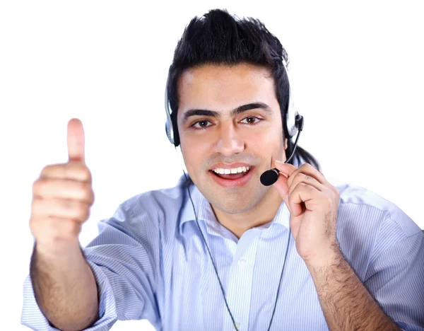 Customer service agent showing on, isolated on white background — Stock Photo, Image