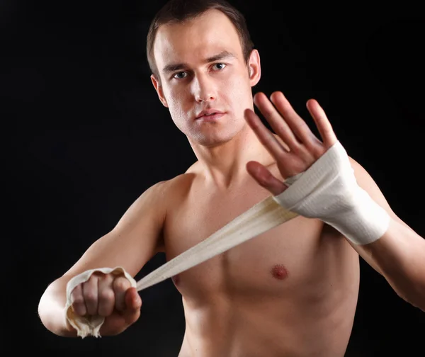 Portrait of boxer isolated on grey — Stock Photo, Image