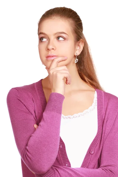 Young woman standing with folded arms isolated on white — Stock Photo, Image