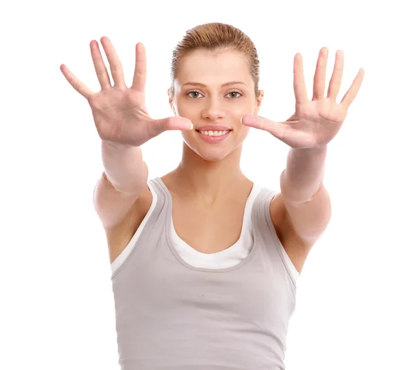 Jonge vrouw met hand omhoog, geïsoleerde op wit — Stockfoto