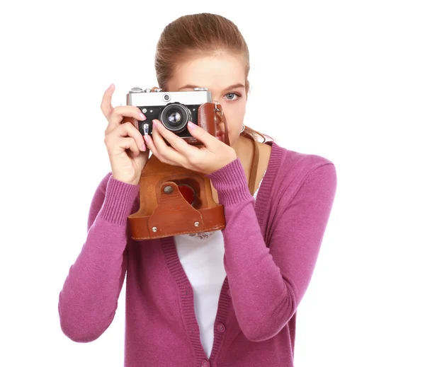 Mooie jonge vrouw met camera. geïsoleerd op wit — Stockfoto