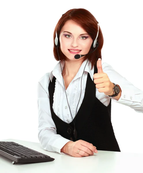 Sorrindo jovem atendimento ao cliente menina com um fone de ouvido em seu local de trabalho, close-up, isolado no fundo branco — Fotografia de Stock