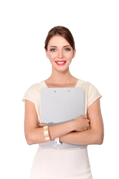 Retrato de una mujer de negocios que sostiene la carpeta, aislado sobre fondo blanco —  Fotos de Stock