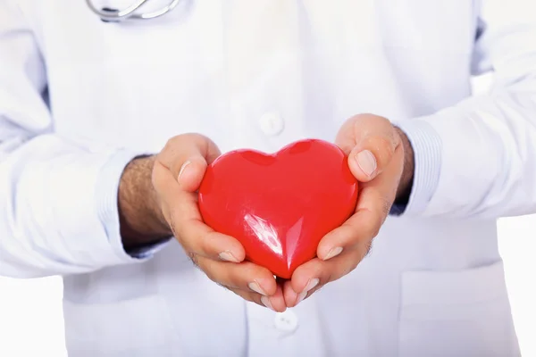 Male doctor with stethoscope holding heart — Stock Photo, Image