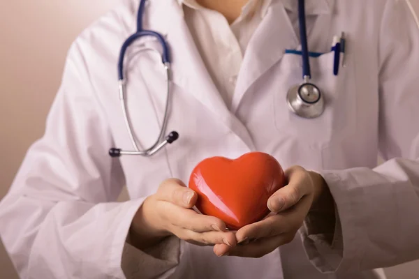 Female doctor with stethoscope holding heart, isolated on white background — Stock Photo, Image