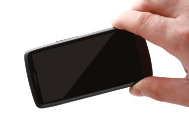 eli boş ekran ile mobil akıllı telefon tutarak. beyaz izole
