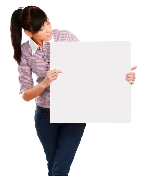 Young woman with blank board banner, isolated on white — Stock Photo, Image