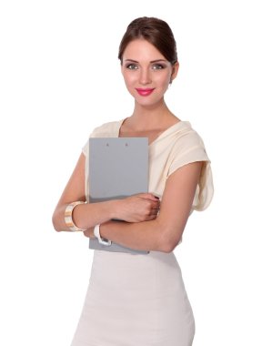 Portrait of a business woman holding  folder , Isolated on white background