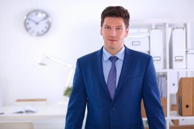 Ofiste masasının karşısında duran bir iş adamı ya da yönetici.