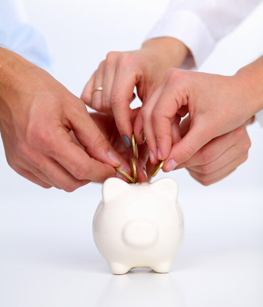 Putting coin into the piggy bank