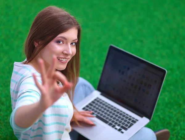 Mujer joven con portátil sentado en la hierba verde y mostrando ok —  Fotos de Stock