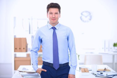 Ofiste masasının karşısında duran bir iş adamı ya da yönetici.