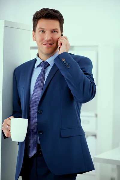 Hombre de negocios sonriente de pie y utilizando el teléfono móvil —  Fotos de Stock