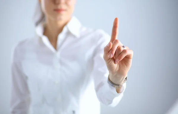 Kobieta ręką przytrzymaj wirtualne wizytówki na białym tle — Zdjęcie stockowe