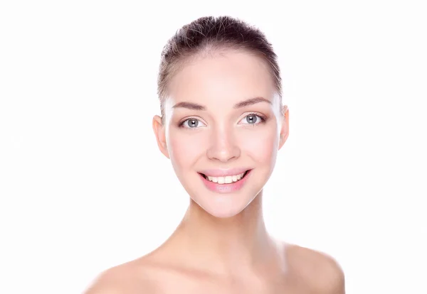 Close up portrait of beautiful young woman face. Isolated on white background. — Stock Photo, Image