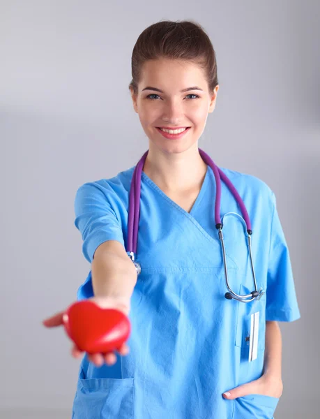 Young woman doctor holding a red heart, standing on gray background — Stock Photo, Image