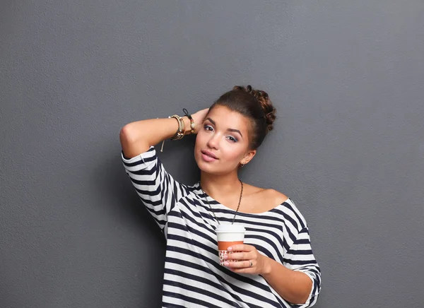 Portrait of  young woman with cup  tea or coffee — Stock Photo, Image