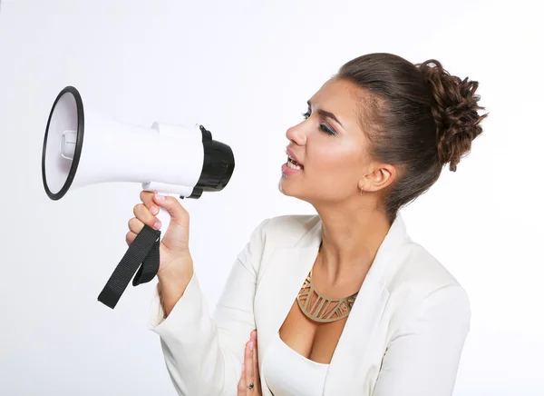 Business woman with megaphone yelling and screaming isolated on white background — Stock Photo, Image