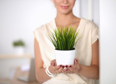 Bir bitki potu tutan güzel kadın