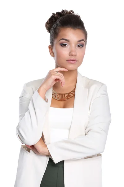 Portrait of  young business woman standing on white background — Stock Photo, Image