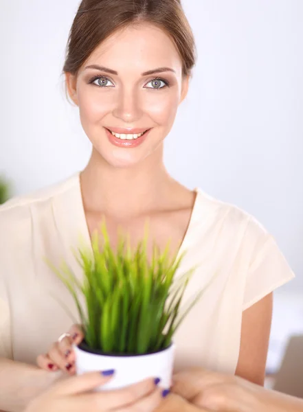 Hermosa mujer sosteniendo la olla con una planta, de pie — Foto de Stock