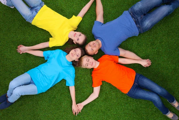 Group of young people lying on green grass Royalty Free Stock Images