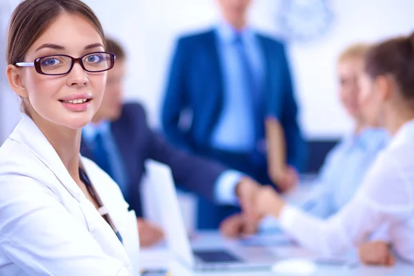 Business people shaking hands, finishing up a meeting, in office — Stock Photo, Image