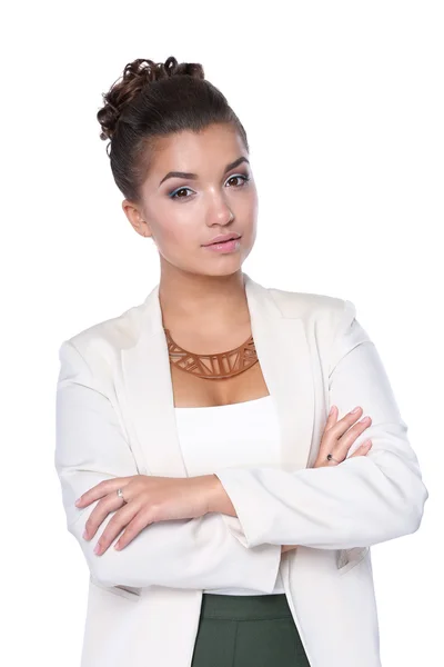 Portrait of  young business woman standing on white background — Stock Photo, Image